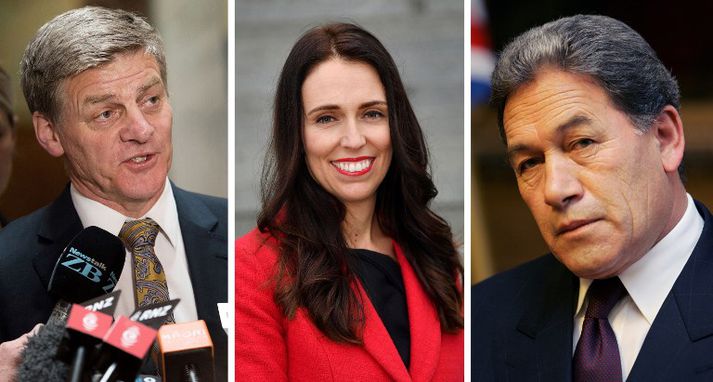 Bill English, forsætisráðherra og formaður Þjóðarflokksins, Jacinda Ardern, formaður Verkamannaflokksins, og Winston Peters, formaður NZF.