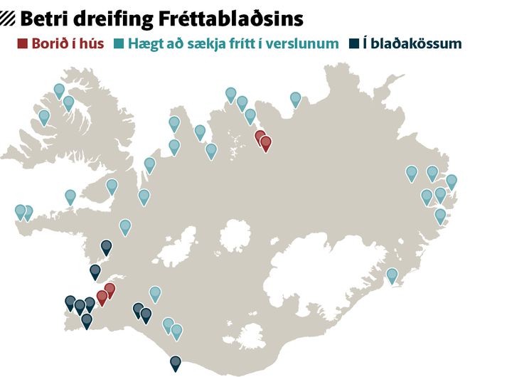 Kortið sýnir hvar verður hægt að nálgast blaðið fríkeypis frá og með deginum í dag.