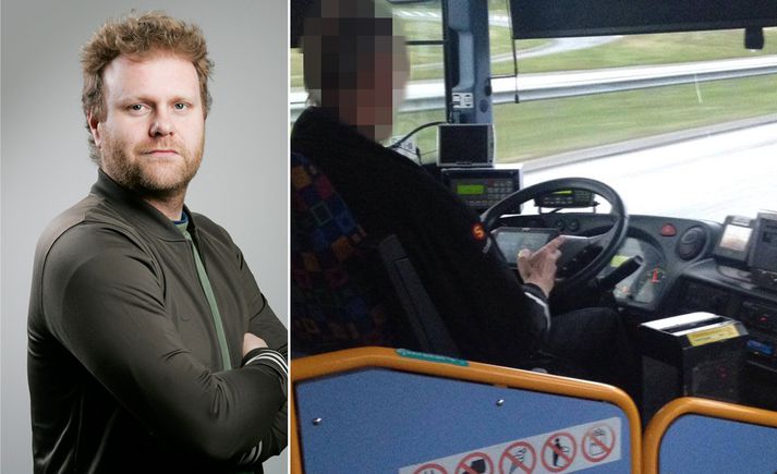 Á myndinni sést greinilega hvernig vagnstjórinn notar spjaldtölvuna í miðjum akstri. Kolbeinn segir málið litið alvarlegum augum.