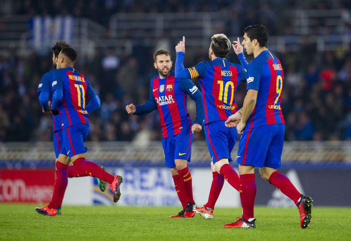 Lionel Messi fagnar sínu níunda marki í spænsku deildinni á þessu tímabili.