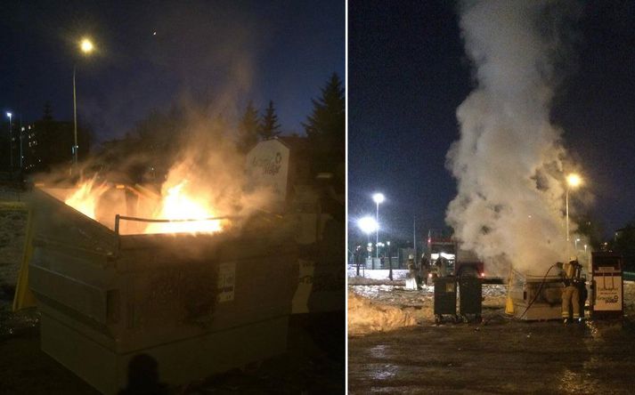 Blaðagámurinn stendur á bílaplani við leiksólann Vinagarð á Holtavegi.