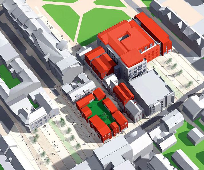 Mynd af verðlaunatillögu ASK arkitekta, sem húsafriðunarnefnd segir að geti fallið vel að byggðinni sem fyrir er.