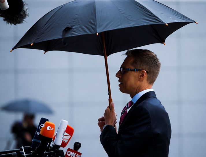 Alexander Stubb, fjármálaráðherra Finnlands, ávarpaði fréttamenn í aðdraganda fundar fjármálaráðherranna í dag.