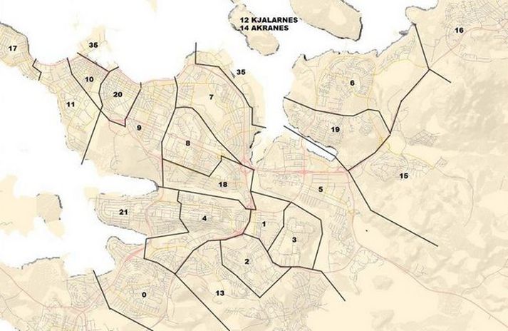 Svæðin sem slökkt verður á eru merkt 15, 2, 9 og 20 á kortinu en þau eru kölluð verri svæðin meðal starfsmanna borgarinnar.