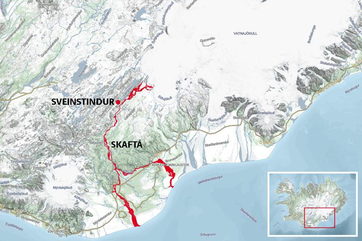 Á korti má sjá Sveinstind og árfarvegi Skaftár, Eldvatns og Kúðafljóts, en um 80% hlaupvatnsins gæti skilað sér í hinar síðarnefndu. Hlaupið hefur náð mæli á tindinum.