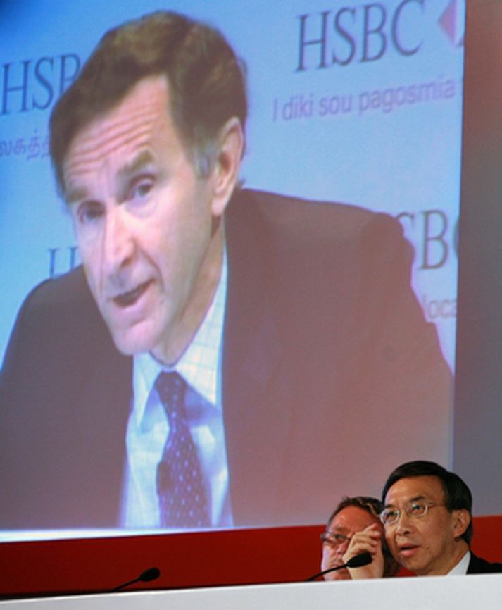 Stephen Green, stjórnarformaður HSBC Holdings, á netfundi með bankamönnum í Hong Kong.