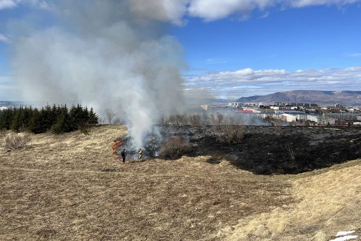 Slökkviliðið er byrjað að reyna að ráða niðurlögum sinubrunans.