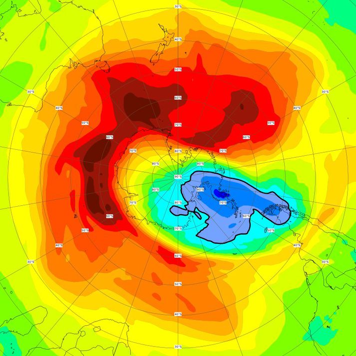 Bláir liturinn sýnir þynningu ósonlagsins yfir suðurskautinu.