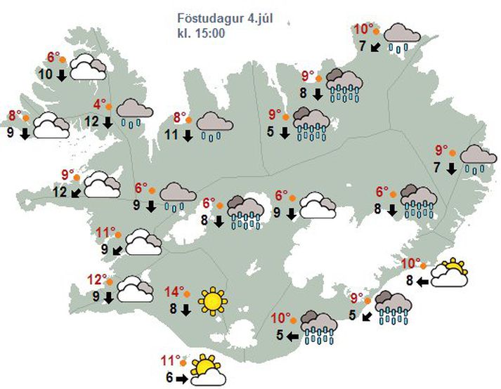 Eins og sjá má spáir sól á Sunnlendinga síðdegis á föstudag.