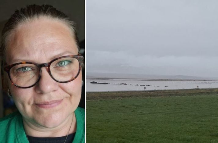 Guðrún Helga Jónsdóttir, bóndi á Miðhúsum í Skagafirði. Hún segir vorflóðin einstaklega mikil núna. 