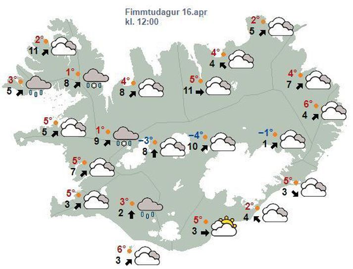 Spákortið fyrir hádegið eins og það leit út í morgun.