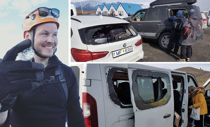 Ásgeir Long kom að ferðamönnum í öngum sínum við Jökulsárlón en rúður um 40 bíla höfðu splundrast í sterkum vindhviðum sem léku bílana grátt.