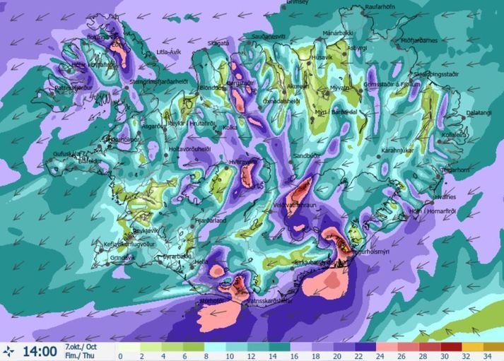 Vindakort fyrir klukkan 14 í dag. Gular veðurviðvaranir vegna vinds eru í gildi á sunnanverðu landinu og síðar einnig á Vestfjörðum og vindhviðum kringum 35 metrar á sekúndu mælast við fjöll.