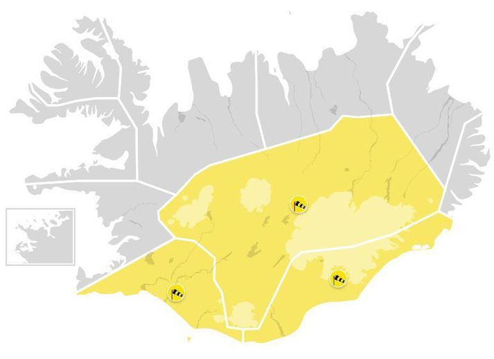 Viðvaranirnar ná yfir Suðurland, Suðausturland og Miðhálendið og taka gildi í fyrramálið.