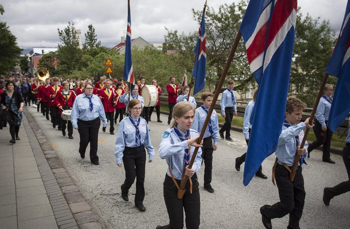 Skátar taka þátt í hátíðarhöldunum á 17. júní síðastliðnum.