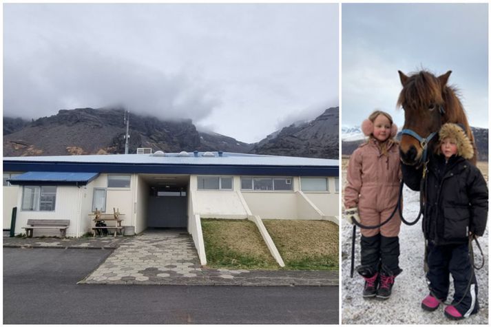 Skólahúsið Hofgarður var byggt sem skóli og félagsheimili sveitarinnar og tekið í notkun 1985. Þar er nú einnig leikskóli sveitarinnar, sem heitir Leikskólinn Lambhagi. Til hægri eru Alexandra Lind og Júlía Mist með hestinn Máney á milli sín.