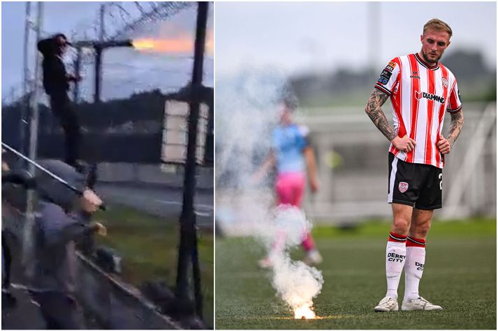 Flugeldum var kastað inn á völlinn og skotið í átt að fólki er Derry og Bohemians áttust við í írsku úrvalsdeildinni í knattspyrnu á föstudaginn.