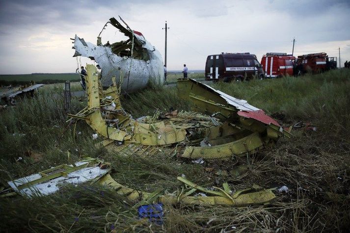 Hluti af braki MH17 í austurhluta Úkraínu. Allir farþegar og áhöfn um borð fórust, eða 298 manns.