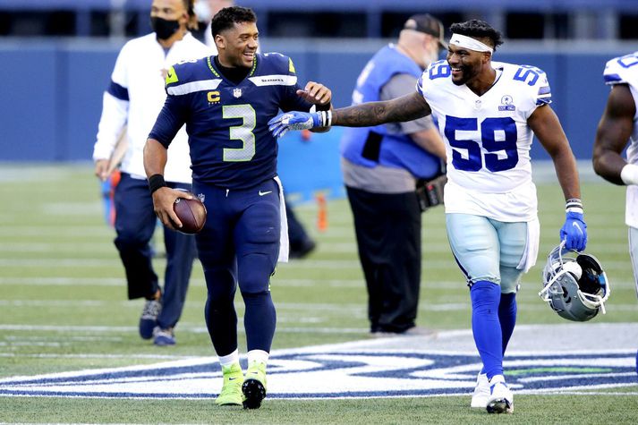 Það hefur enginn leikstjórnandi gefið fleiri snertimarkssendingar í fyrstu þremur leikjunum en Russell Wilson sem leiddi Seattle Seahawks til sigurs á Dallas Cowboys í gær.