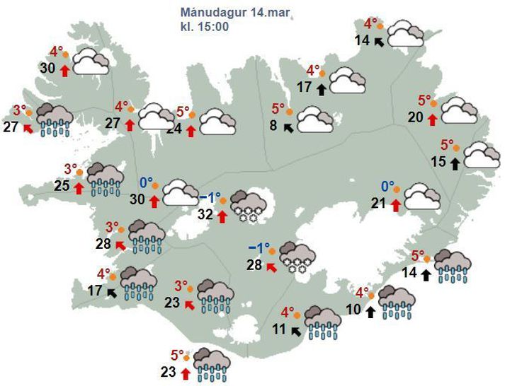 Mjög djúp lægð er væntanleg inn á Grænlandshaf í dag. Sendir hún skil yfir landið með stormi eða roki, talsverðri rigningu og hlýnandi veðri.