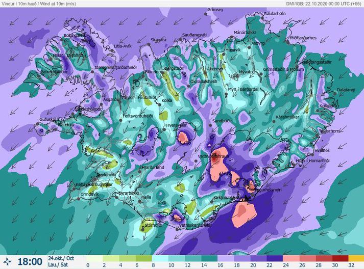 Í þessari vindaspá Veðurstofunnar fyrir klukkan 18 á laugardaginn sést að það verður ansi hvasst á suðusturhluta landsins.