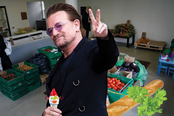 Bono flakkaði milli búða í Laugalæknum fyrr í dag.