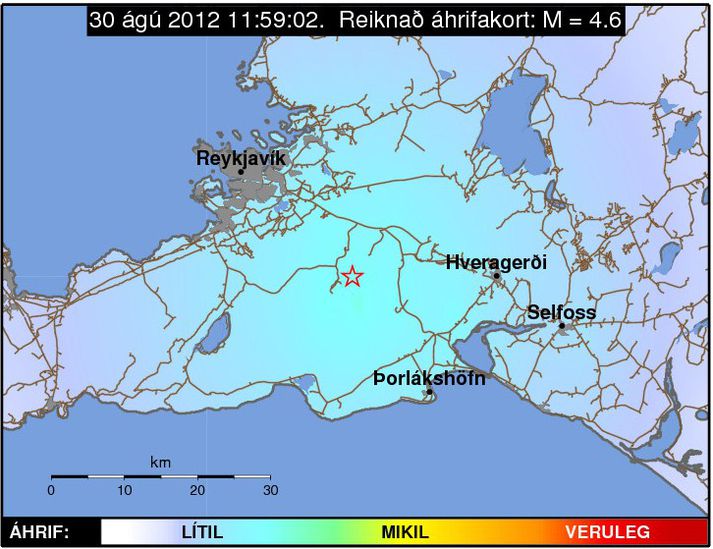 Á þessu korti má sjá hvar áhrifa skjálftans gætti.