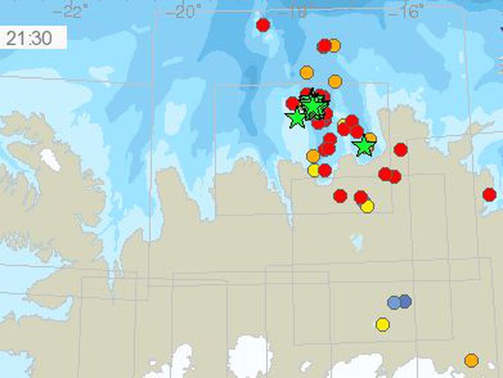 Kort sem sýnir stærð og magn skjálftanna í dag. Tekið af heimasíðu Veðurstofu Íslands.