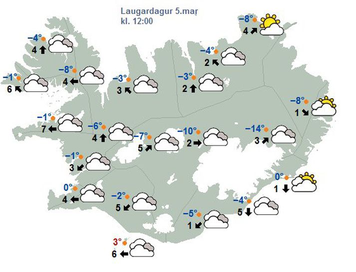 Spákort Veðurstofunnar á hádegi á morgun