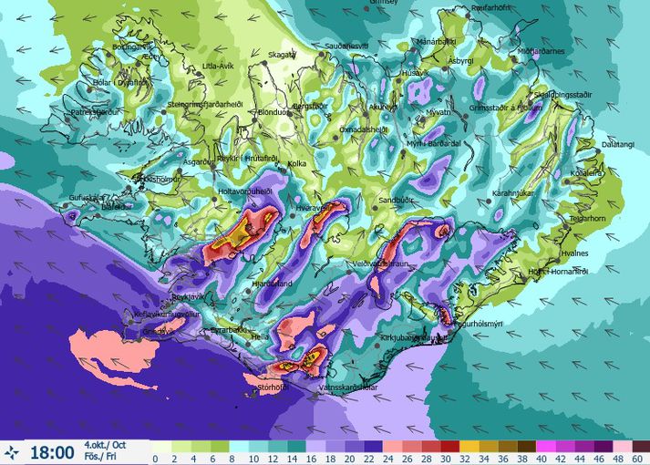 Vindaspá Veðurstofunnar fyrir annað kvöld klukkan 18.