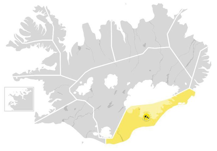 Búast má við mjög snörpum vindhviðum við fjöll staðbundið yfir 35 metra á sekúndu í Öræfum.