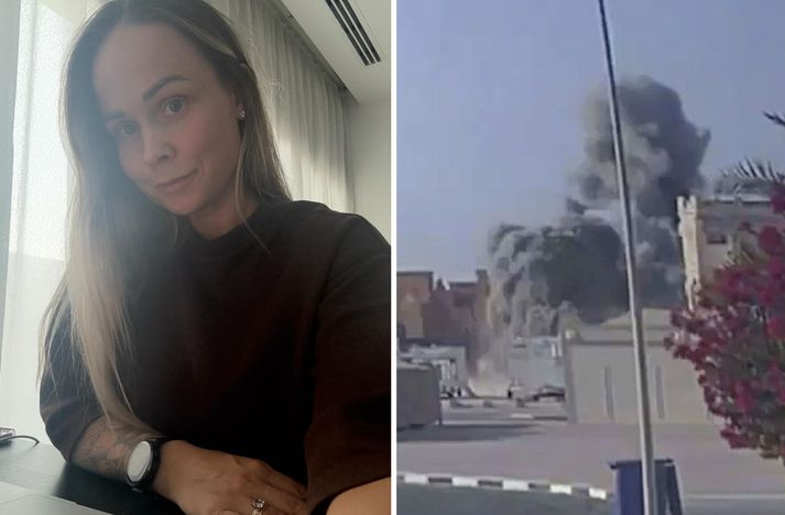 Kristbjörg við skrifborðið heima hjá hjónunum í Doha í Katar. Til hægri má sjá sprengjuummerkin úr öryggismyndavél á mánudaginn.