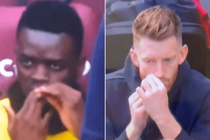Bertrand Traore, leikmaður Aston Villa og Mark Gillespie, leikmaður Newcastle, sáust setja eitthvað í vörina á sér á varamannabekknum.