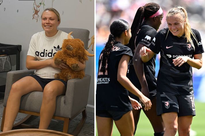 Claire Emslie getur sýnt syni sínum skoskættaðan bangsa á meðan hún nær upp fyrri getu til að skora mörk fyrir Angel City.