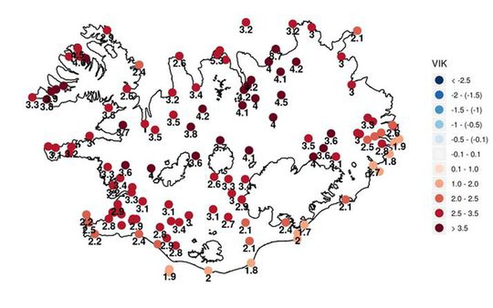 Hitavik sjálfvirkra stöðva í apríl miðað við síðustu tíu ár (2009-2018). Eins og sjá má mældist hiti alls staðar yfir meðaltali síðustu tíu ára.