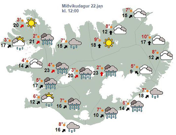 Það snýst í suðvestan 15-23 m/s síðdegis með éljum og kólnandi veðri, en rofar til um landið austanvert.