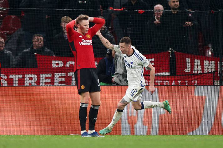 COPENHAGEN, DENMARK - NOVEMBER 08: Lukas Lerager of FC Copenhagen celebrates after scoring the team's third goal during the UEFA Champions League match between F.C. Copenhagen and Manchester United at Parken Stadium on November 08, 2023 in Copenhagen, Denmark. (Photo by Maja Hitij/Getty Images)
