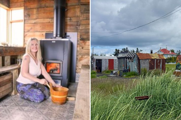 Vala Baldursdóttir (t.v.) opnaði gufubað í grásleppuskúr sem Reykjavíkurborg gerði upp fyrir nokkrum árum. Gufubaðið er í svarta skúrnum á miðri myndinni hægra megin.