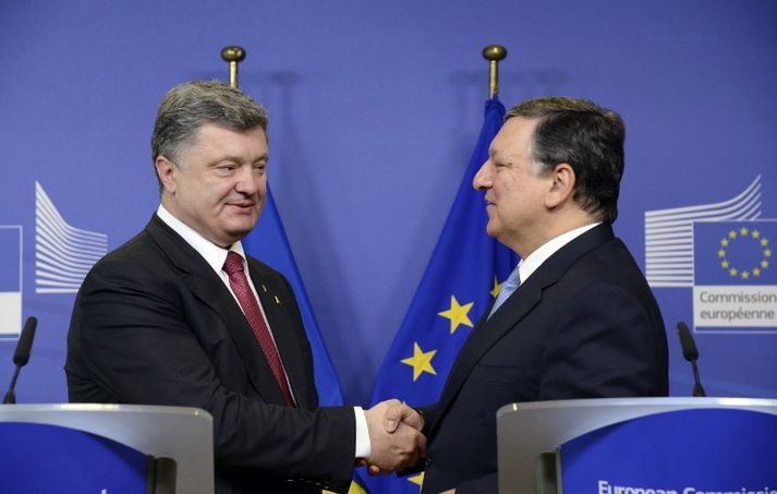 Petró Pórósjenkó Úkraínuforseti og José Manuel Barroso, forseti framkvæmdastjórnar ESB, hittust á fundi fyrr í dag.