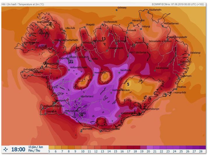 Hitinn gæti rokið upp í allt að 28 gráðum á fimmtudaginn næsta. Mynd: Veðurstofa Íslands