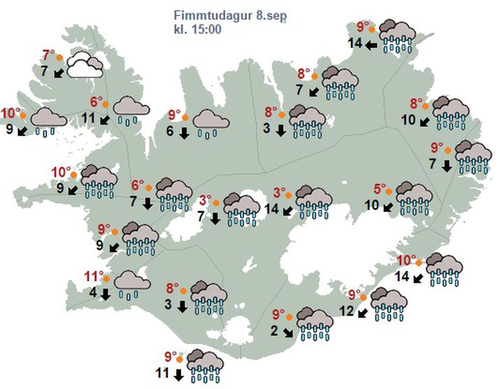 Á laugardag og sunnudag er spáð norðanátt og samfelldri rigningu á Tröllaskaga, sem og víðar á Norðurlandi.