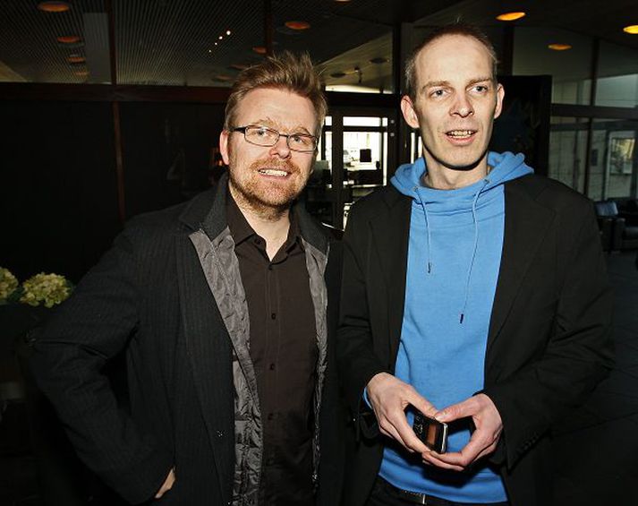 Ísleifur B. Þórhallsson hjá Græna Ljósinu og Friðrik Guðmundsson, leikstjóri Me & Bobby Fischer, voru glaðir í bragði á frumsýningunni.