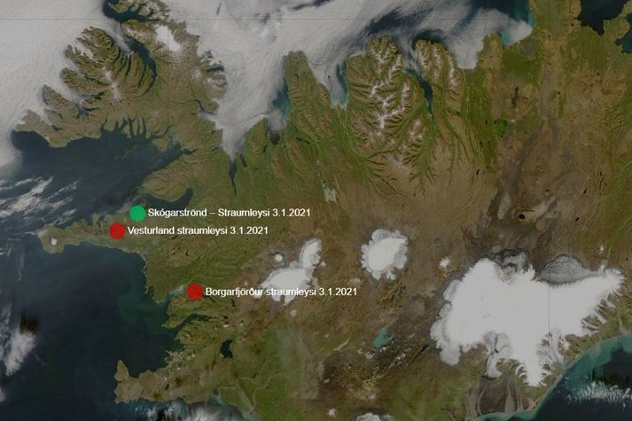 Skjáskot af vef RARIK sem sýnir straumleysi á Vesturlandi og í Borgarfirði.