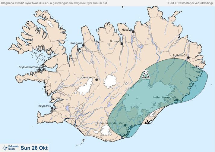 Brennisteinsmengun mældist yfir 9000 míkrógrömm á rúmmetra á Höfn í Hornafirði í dag.