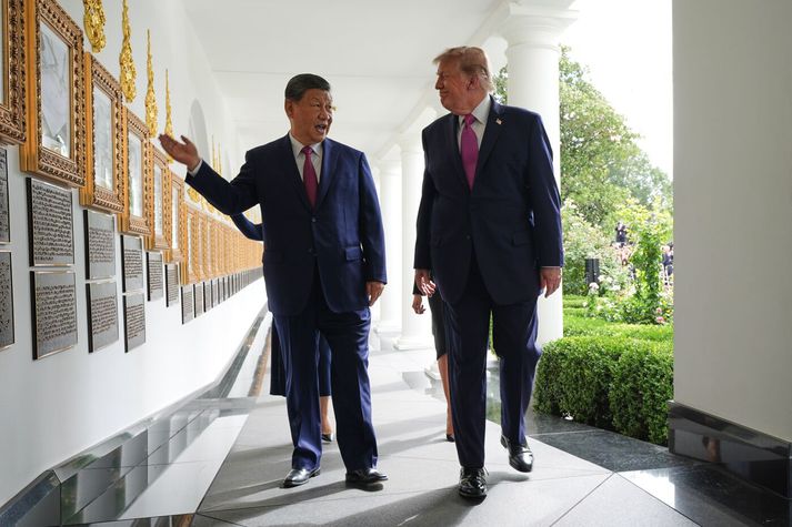 Donald Trump (t.h.) sýndi Xi Jinping sérstakt svæði á lóð Hvíta hússins þar sem Trump hefur látið setja upp myndir af fyrrverandi forsetum Bandaríkjanna og upplýsingaskilti um þá. Í þó nokkrum tilfellum er hæðst að þessum forsetum.