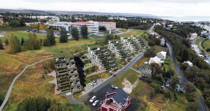 Svona líta hugmyndir að uppbyggingu við Tónatröð á Akureyri út. Sjúkrahúsið á Akureyri sést í bakgrunninum.