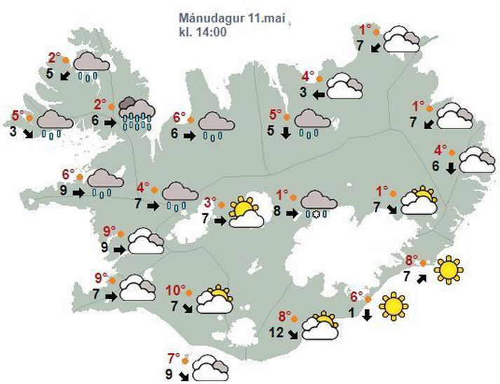 Spákort veðurstofunnar fyrir klukkan 14 eins og það leit út klukkan 7.