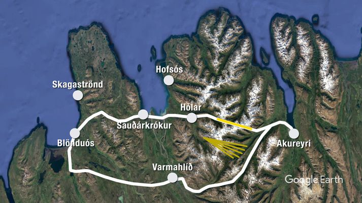 Þær leiðir sem komið hafa til umræðu vegna Tröllaskagaganga eru hér merktar með gulu.