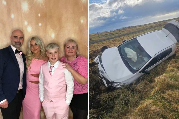 Betur fór en á horfðist í fyrstu. Fjölskyldan og svo bíllinn sem er gerónýtur. Lucy Anna segir gríðarlega mikilvægt að halda vöku sinni við akstur en þegar þetta var voru aðstæður eins og best verður á kosið.