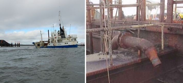 Dýpkunarskipið Perla hóf árið 2010 að dæla sandi upp úr Landeyjahöfn. Myndin til hægri sýnir vettvang og sjólögnina sem stúturinn losnaði af.